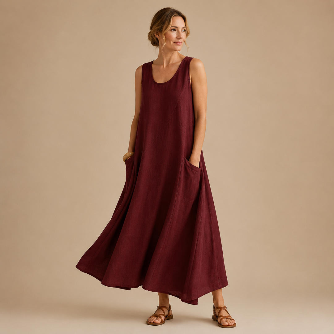 Amelia | Lniana Sukienka Maxi Bez Rękawów Z Kieszeniami
